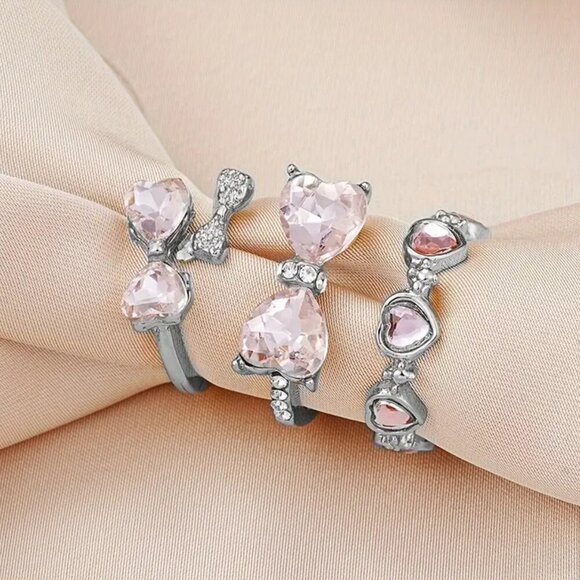 NEW 3 pink and silver coquette bow rings, BOHO chic rings, pink bow ring, adjust - Picture 2 of 4